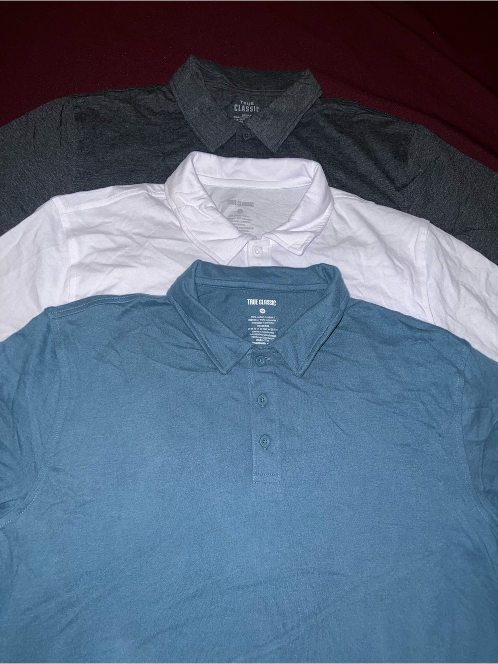 True Classic 3 pack polo shirts slate blue,white and heather gray size Medium